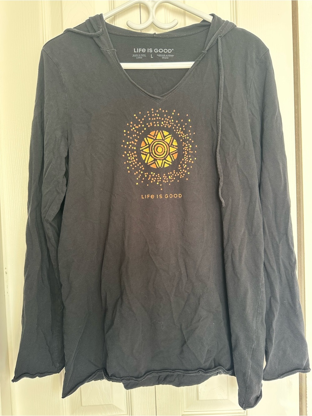 Life Is Good Black Hooded Long-Sleeve Tee with Yellow Sunburst Graphic #34
